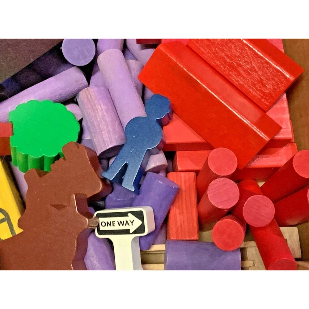 Vtg Wood Blocks TC Timber Huge Set Funland Farm Town Animals People 120+ Pieces